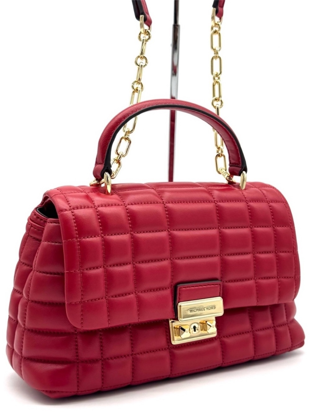 Michael Kors Tribeca Medium Quilted Leather Satchel Bag Crimson Red